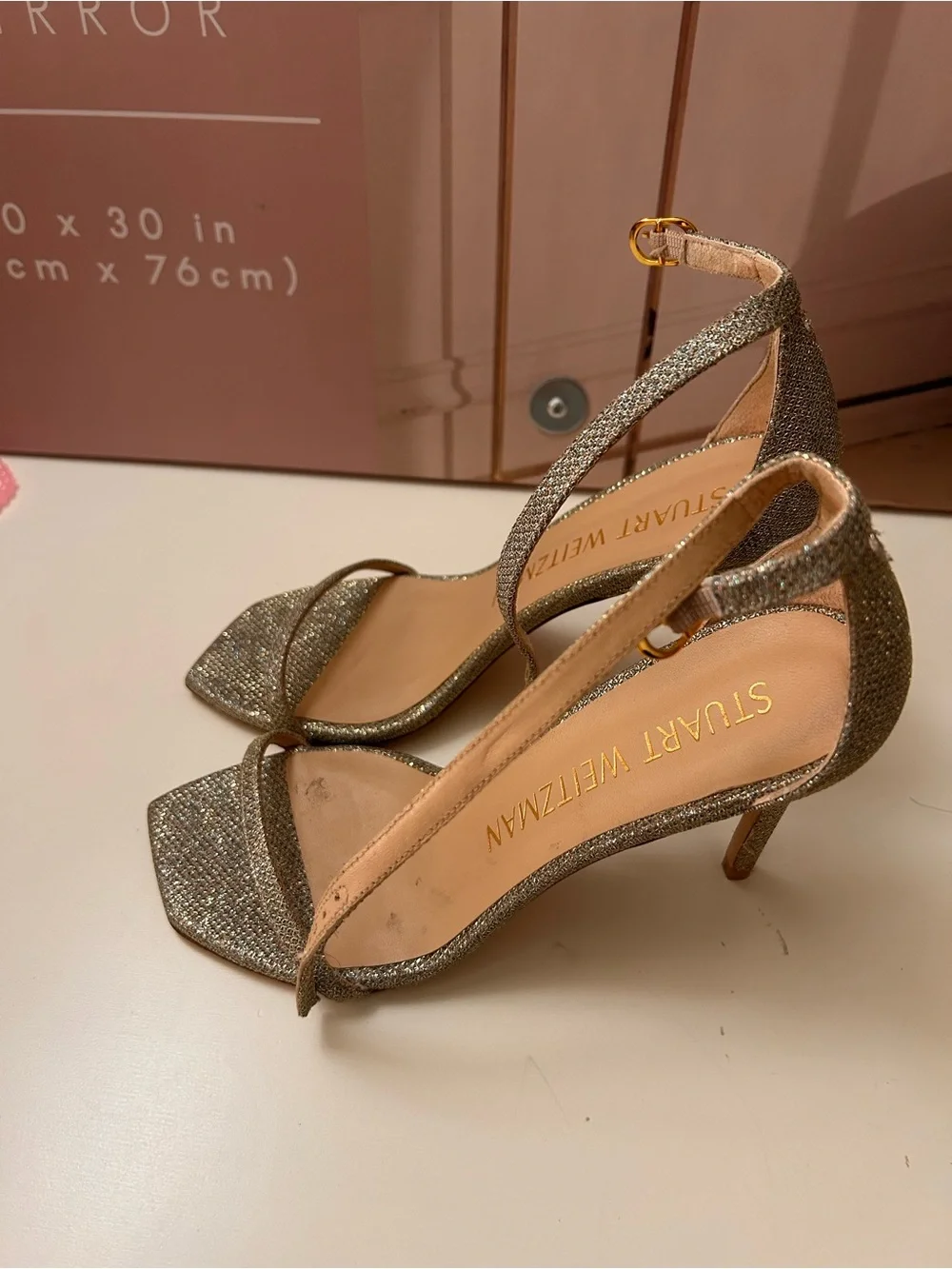 Stuart Weitzman Glitter Gold Ankle-Strap Heels